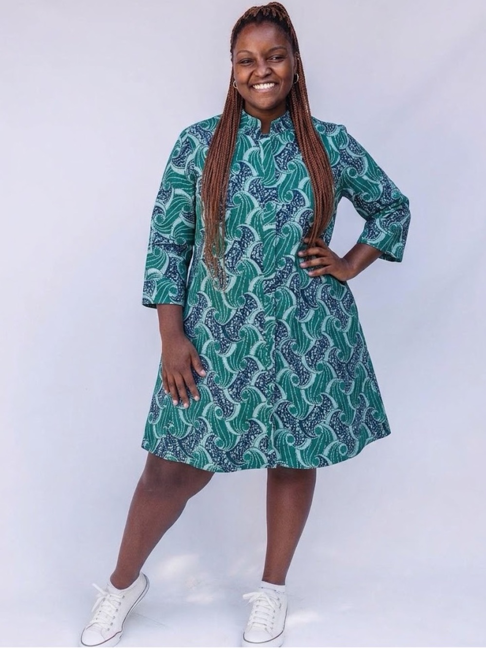 Zuri Dress in Green / Blue Colors Button Down Mock Neck 3/4 Sleeve Size 1X - Picture 7 of 7